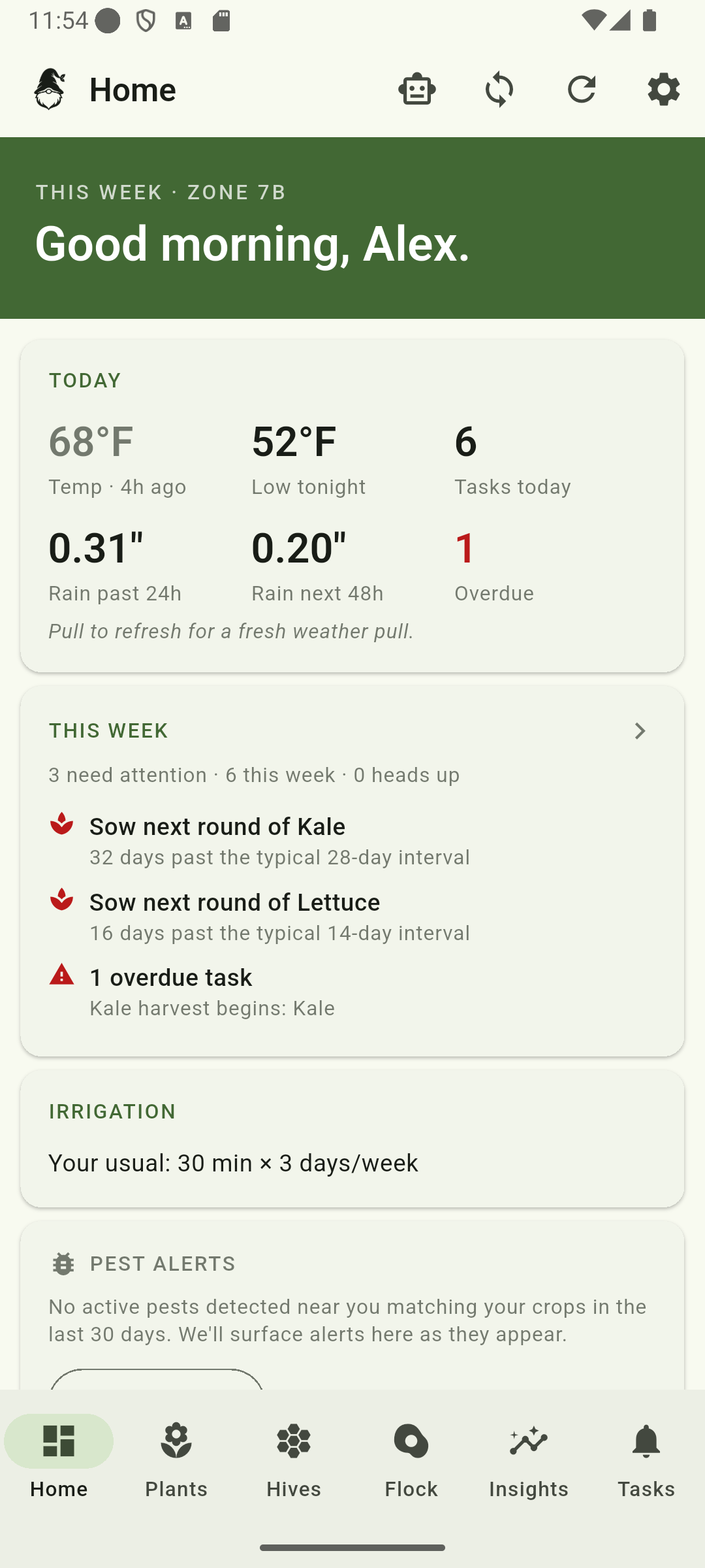 GardenKnowm home tab — morning digest with tasks, pest alerts, and irrigation recommendations
