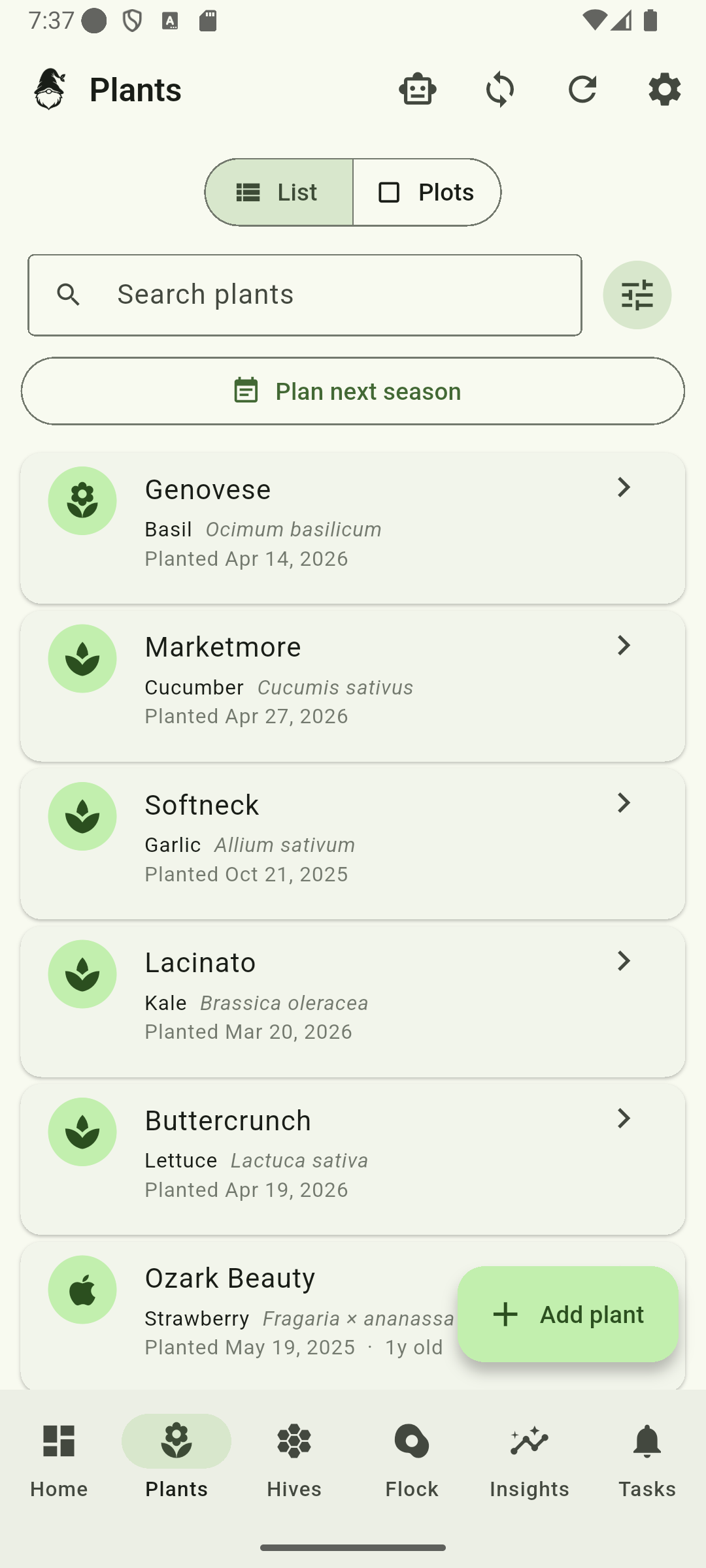 Plants list showing basil, cucumber, garlic, kale, lettuce, and strawberry plantings